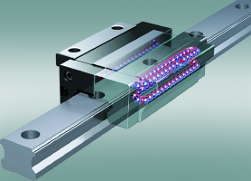 Figure 2. Caged Ball technology &#8211; THK&#8217;s new technology Caged Ball has developed into a complete new generation of linear motion products with numerous advantages including more than 50% reduction of noise levels, significantly increased operating speeds and extended lubrication life